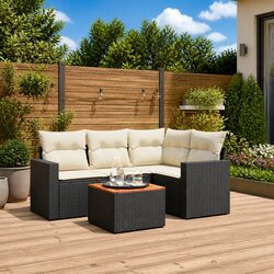 5 Piece Garden Sofa Set Outdoor Furniture Black Poly Rattan with Cushions Table