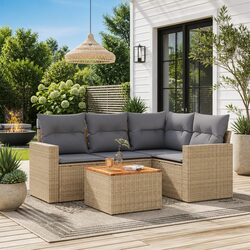 Garden Sofa Set 5 Piece Outdoor Furniture Beige Poly Rattan Patio Modular