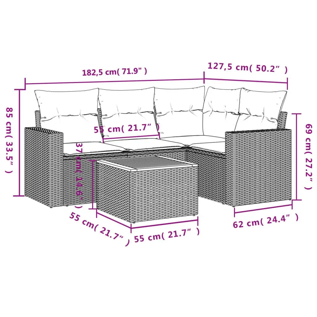 5 Piece Garden Sofa Set Grey Poly Rattan Outdoor Furniture Patio Seating with