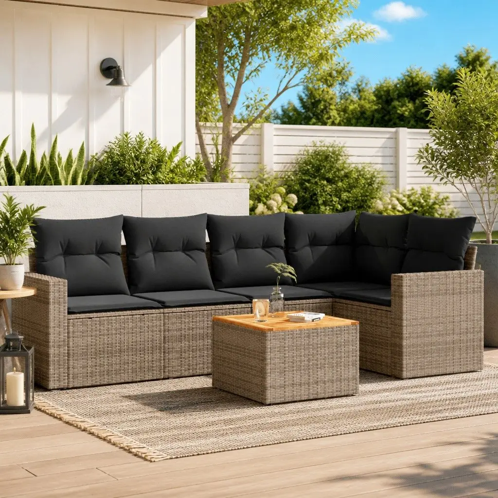 6 Piece Outdoor Garden Sofa Set Grey Poly Rattan Patio Furniture with Storage