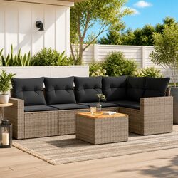 6 Piece Outdoor Garden Sofa Set Grey Poly Rattan Patio Furniture with Storage