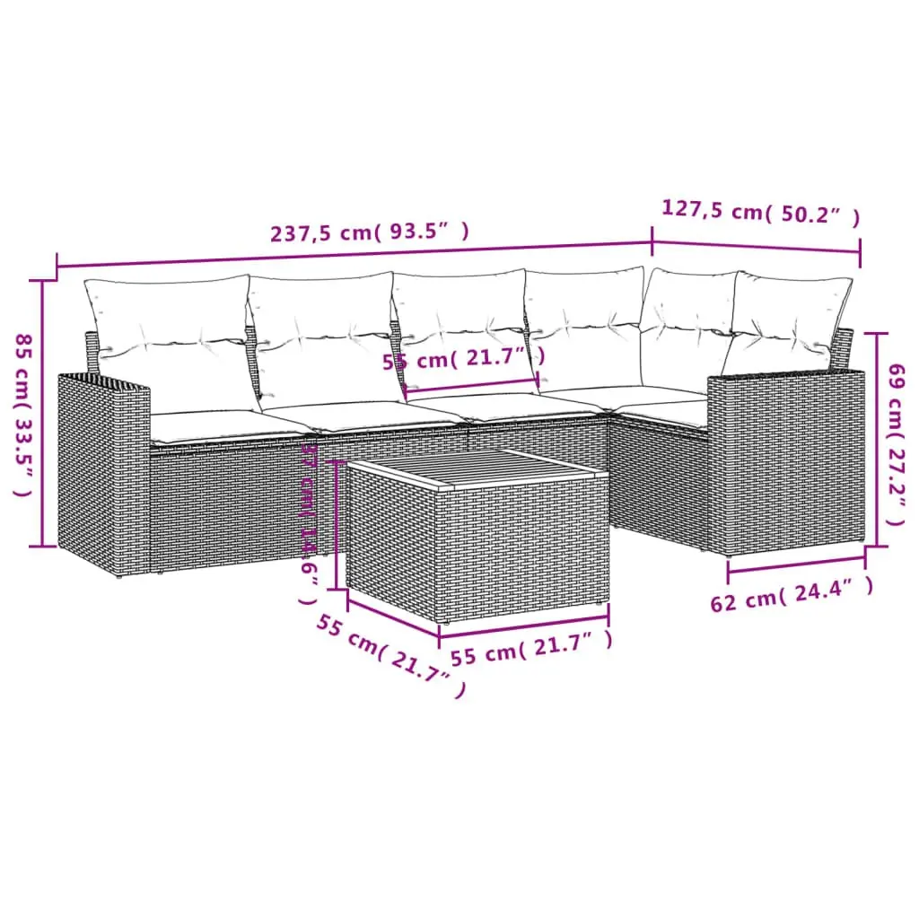 6 Piece Outdoor Garden Sofa Set Grey Poly Rattan Patio Furniture with Storage