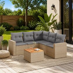 Garden Sofa Set 6 Piece Outdoor Furniture Beige Poly Rattan Patio Sectional