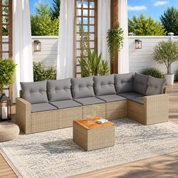 Garden Sofa Set 7 Piece Outdoor Furniture Beige Poly Rattan Patio Seating