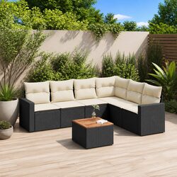 7 Piece Outdoor Garden Sofa Set Black Poly Rattan Patio Furniture with Cushions