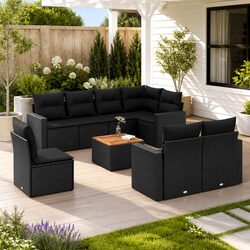 Garden Sofa Set 9 Piece Outdoor Furniture Black Poly Rattan Patio Lounge with