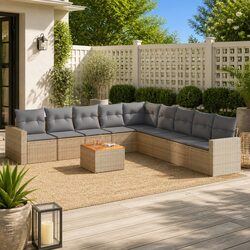 Garden Sofa Set 10 Piece Outdoor Furniture Beige Poly Rattan Patio Seating