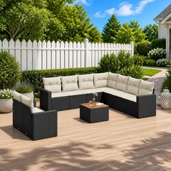 10 Piece Outdoor Garden Sofa Set with Storage Black Poly Rattan Patio Furniture
