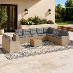Garden Sofa Set 11 Piece Outdoor Furniture Beige Poly Rattan Patio Seating with