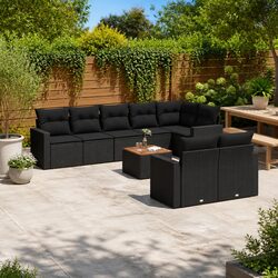 Garden Sofa Set 9 Piece Outdoor Furniture Black Poly Rattan Patio Seating