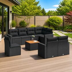 Garden Sofa Set 9 Piece Outdoor Furniture Black Poly Rattan Patio Modular