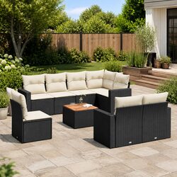9 Piece Outdoor Garden Sofa Set Black Poly Rattan Patio Furniture with Cushions