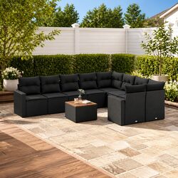 Outdoor Garden Sofa Set 10 Piece Black Poly Rattan Patio Furniture with Cushions