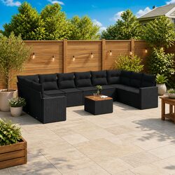 Garden Sofa Set 11 Piece Outdoor Furniture Black Poly Rattan Modular Patio