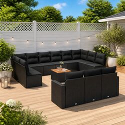 Outdoor Garden Sofa Set 14 Piece Black Poly Rattan Patio Furniture with Cushions