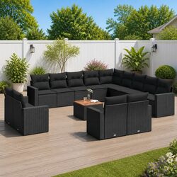 Garden Sofa Set 14 Piece Outdoor Furniture Black Poly Rattan Modular Patio