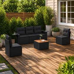 6 Piece Garden Sofa Set Outdoor Patio Furniture Black Poly Rattan with Cushions