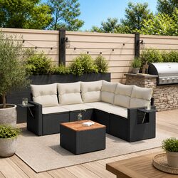 Garden Sofa Set 6 Piece Outdoor Patio Furniture Black Poly Rattan with Cushions