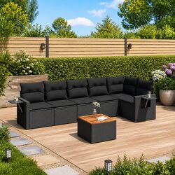 Outdoor Garden Sofa Set 7 Piece Black Poly Rattan Patio Furniture with Cushions