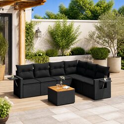 7 Piece Outdoor Garden Sofa Set Black Poly Rattan Patio Furniture with Cushions