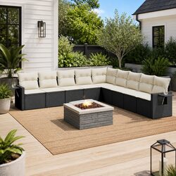 10 Piece Outdoor Garden Sofa Set Black Poly Rattan Patio Furniture with Cushions