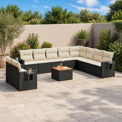 Garden Sofa Set 11 Piece Outdoor Patio Furniture Black Poly Rattan with Cushions