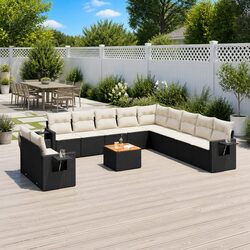 12 Piece Outdoor Garden Sofa Set with Storage Black Poly Rattan Patio Furniture