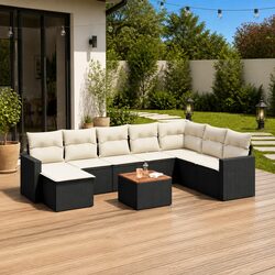 Garden Sofa Set 9 Piece Outdoor Furniture with Cushions Black Poly Rattan