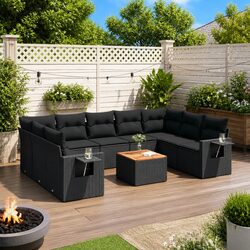 10 Piece Outdoor Garden Sofa Set Black Poly Rattan Patio Furniture with Cushions