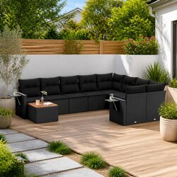 10 Piece Garden Sofa Set Outdoor Furniture Black Poly Rattan Patio Lounge with