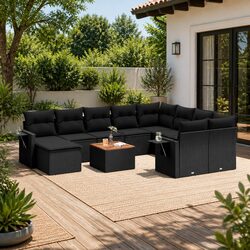11 Piece Garden Sofa Set Outdoor Furniture Black Poly Rattan with Storage
