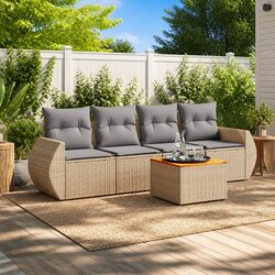 5 Piece Outdoor Garden Sofa Set with Storage Cushions Beige Poly Rattan Patio