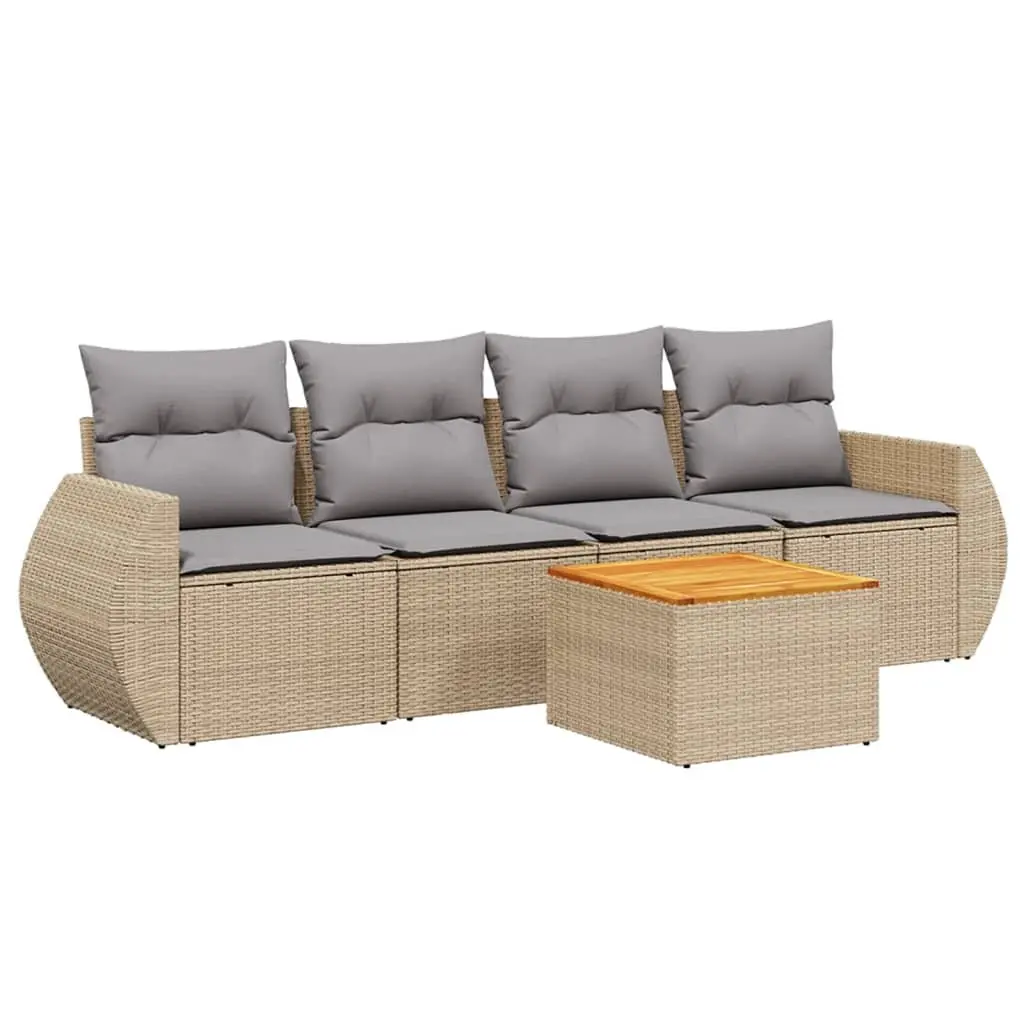 5 Piece Outdoor Garden Sofa Set with Storage Cushions Beige Poly Rattan Patio