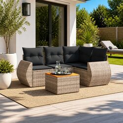 5 Piece Outdoor Garden Sofa Set Grey Poly Rattan Patio Furniture with Cushions