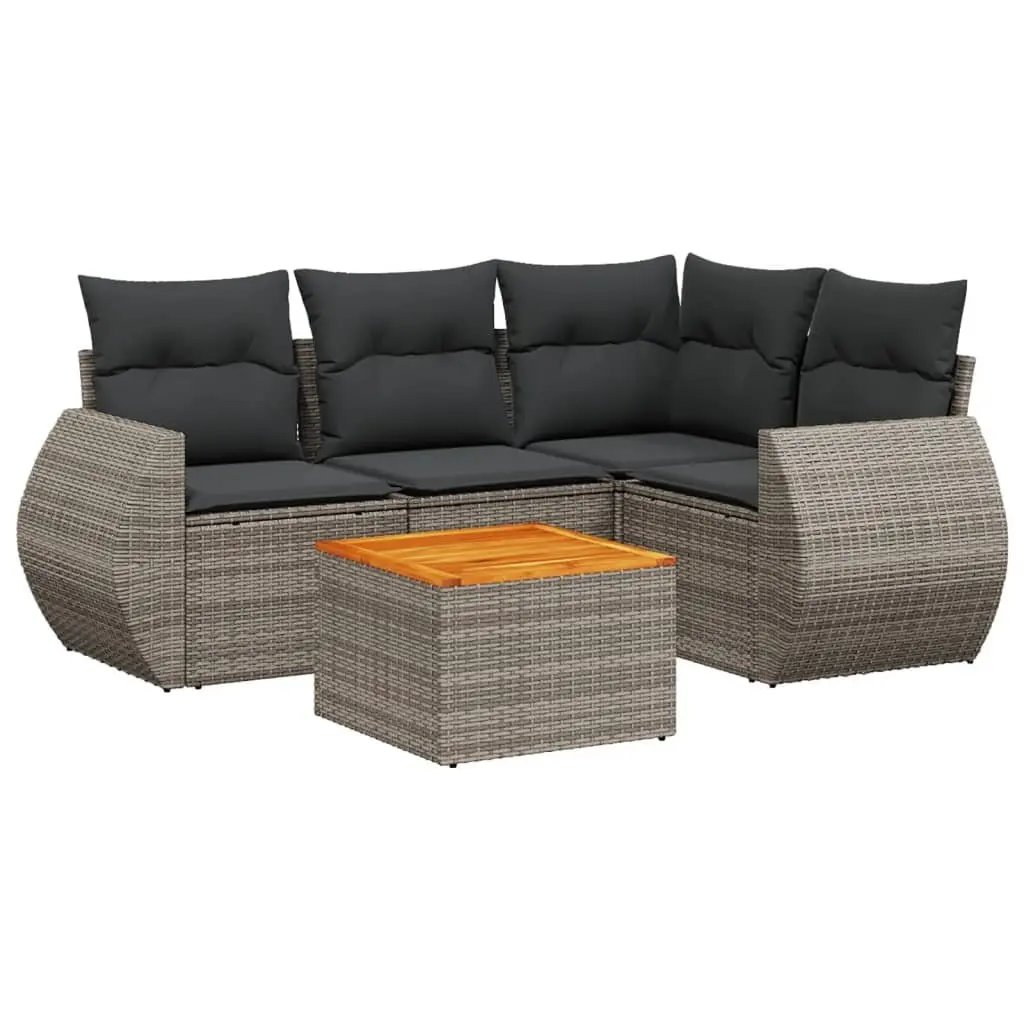 5 Piece Outdoor Garden Sofa Set Grey Poly Rattan Patio Furniture with Cushions