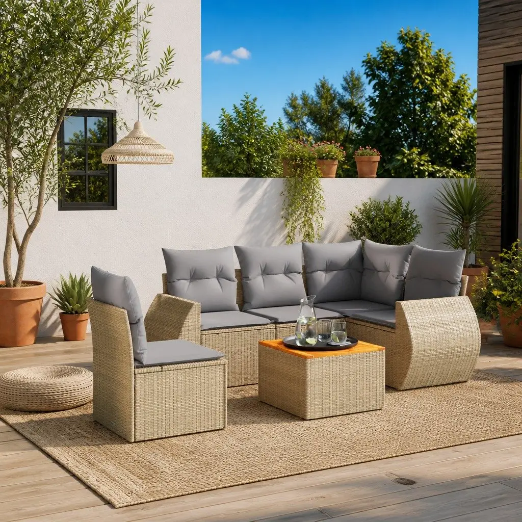 6 Piece Garden Sofa Set with Cushions Beige Poly Rattan Patio Furniture