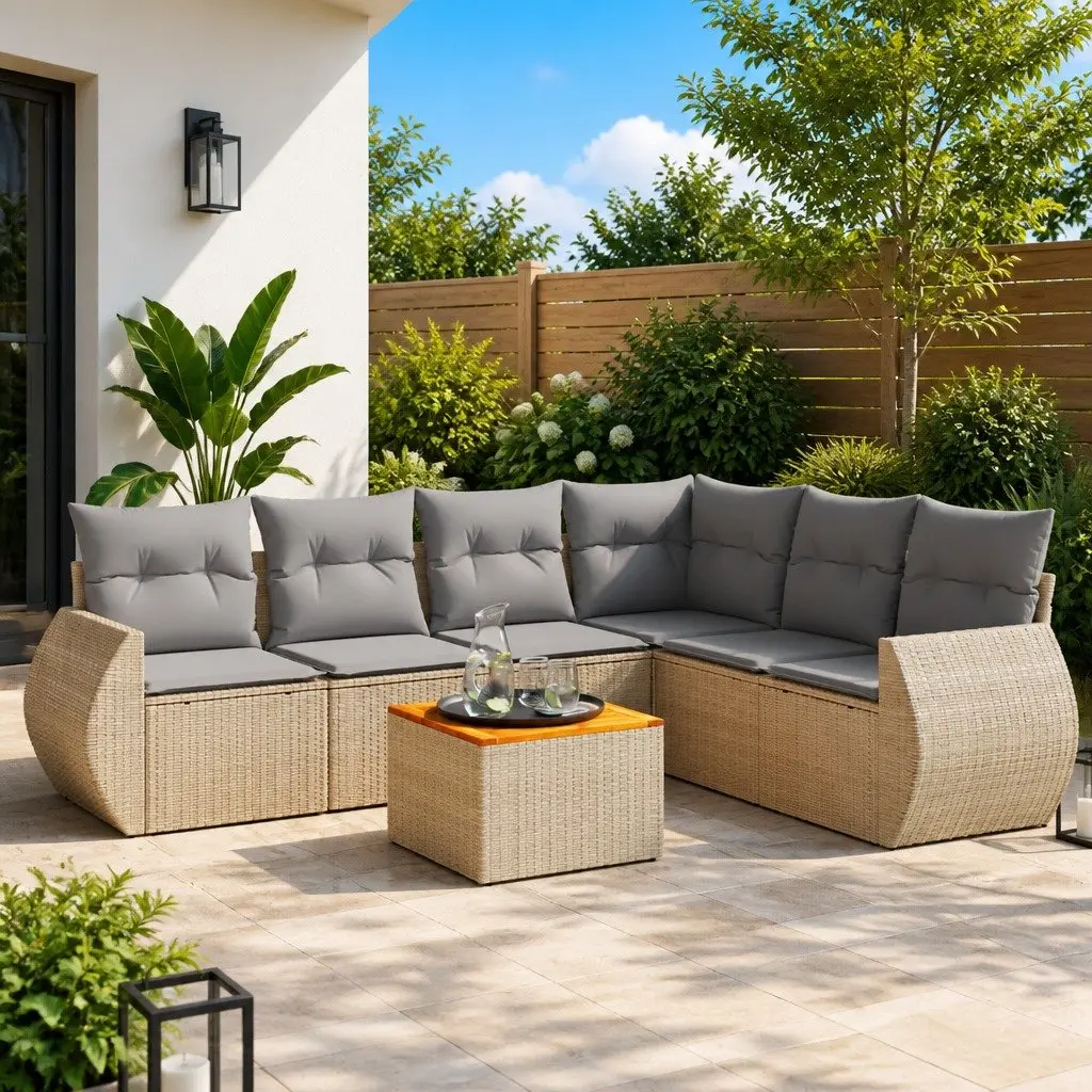 7 Piece Garden Sofa Set Outdoor Furniture Beige PE Rattan with Cushions