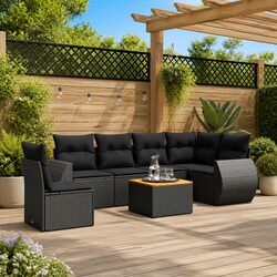 7 Piece Outdoor Garden Sofa Set with Cushions Storage Black Poly Rattan Patio