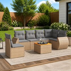 Garden Sofa Set 7 Piece Outdoor Furniture Patio Beige Poly Rattan Modular