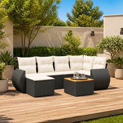 7 Piece Garden Sofa Set Outdoor Patio Furniture with Cushions Black Poly Rattan