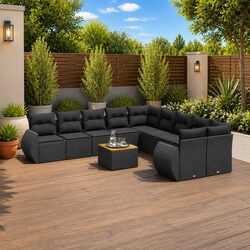 11 Piece Outdoor Garden Sofa Set Black Poly Rattan Modular Patio Furniture with