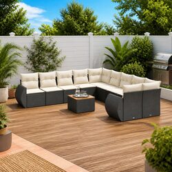 Garden Sofa Set 11 Piece Outdoor Furniture Black Poly Rattan Modular Patio