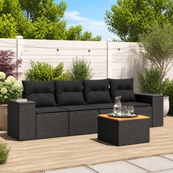 5 Piece Outdoor Garden Sofa Set with Storage Cushions Black Poly Rattan Patio