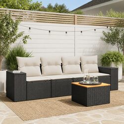 5 Piece Garden Sofa Set with Storage Cushions Black Poly Rattan Patio Furniture