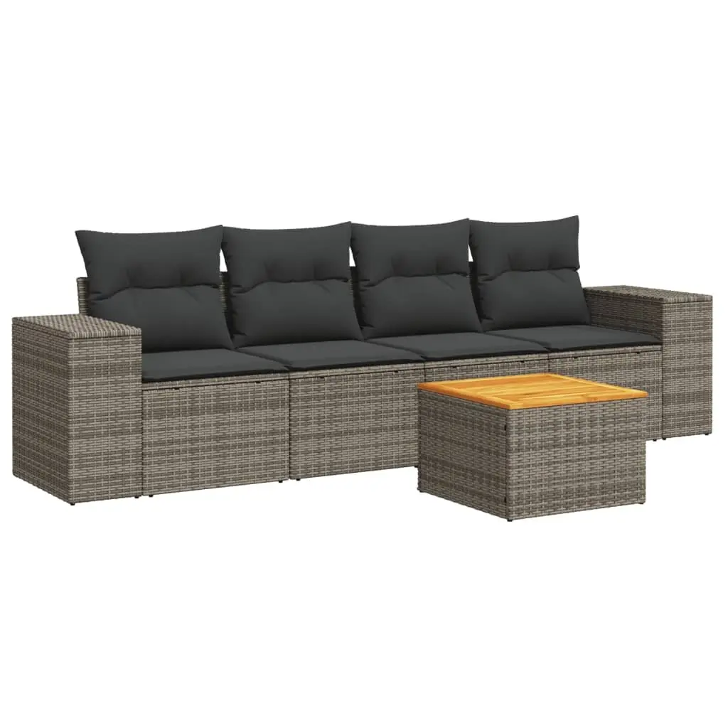 5 Piece Garden Sofa Set Grey Poly Rattan Outdoor Furniture with Storage Cushions