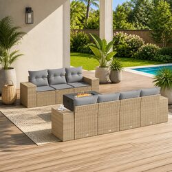 Garden Sofa Set 8 Piece Outdoor Furniture Beige Poly Rattan Patio Sectional
