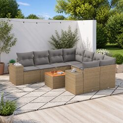9 Piece Garden Sofa Set Outdoor Patio Furniture Beige Poly Rattan with Cushions