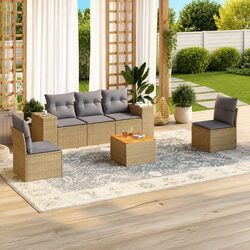 Garden Sofa Set 6 Piece Outdoor Furniture Beige Poly Rattan Patio Seating with