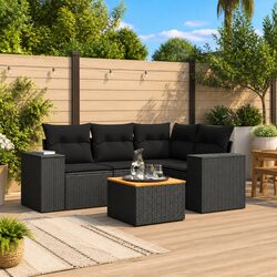 5 Piece Garden Sofa Set with Storage Cushions Black Poly Rattan Outdoor Patio