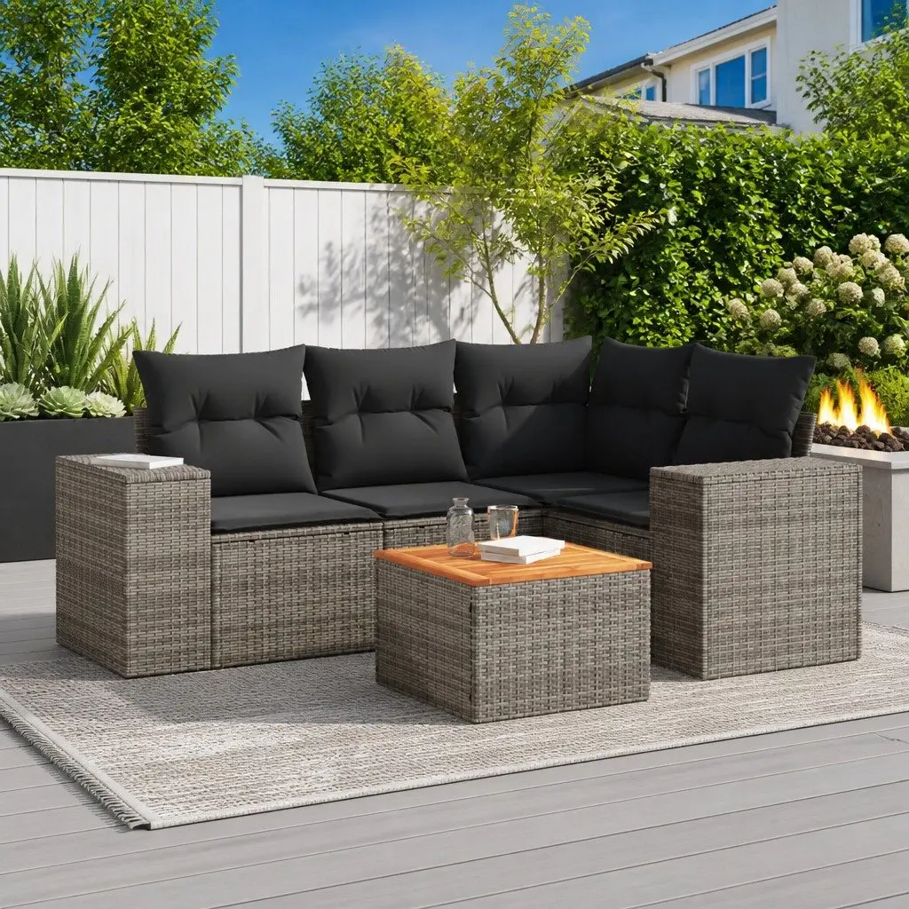 5 Piece Garden Sofa Set with Storage Cushions Grey Poly Rattan Outdoor Furniture